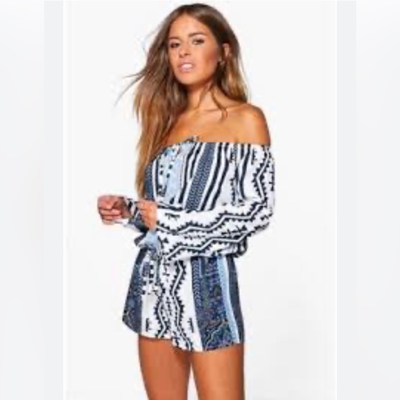 Boohoo Mix Patterned Abstract Off Shoulder Romper Playsuit Blue - Picture 1 of 10
